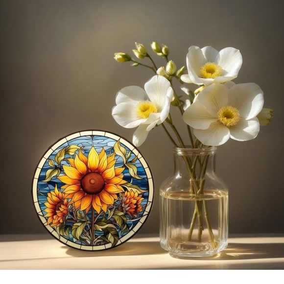 Sunflower Stained Suncatcher- Vibrant Yellow and Blue Made Of Acrylic - Picture 5 of 6